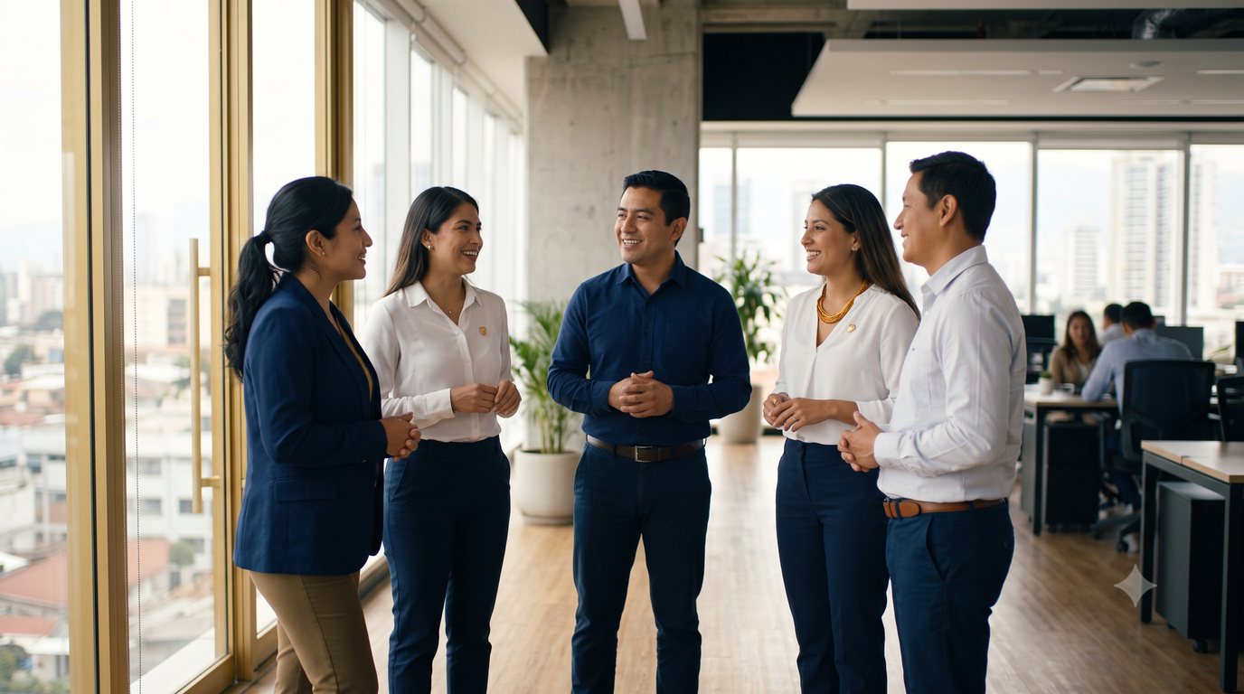 Cinco profesionales conversando de pie en una oficina luminosa — competencias de liderazgo