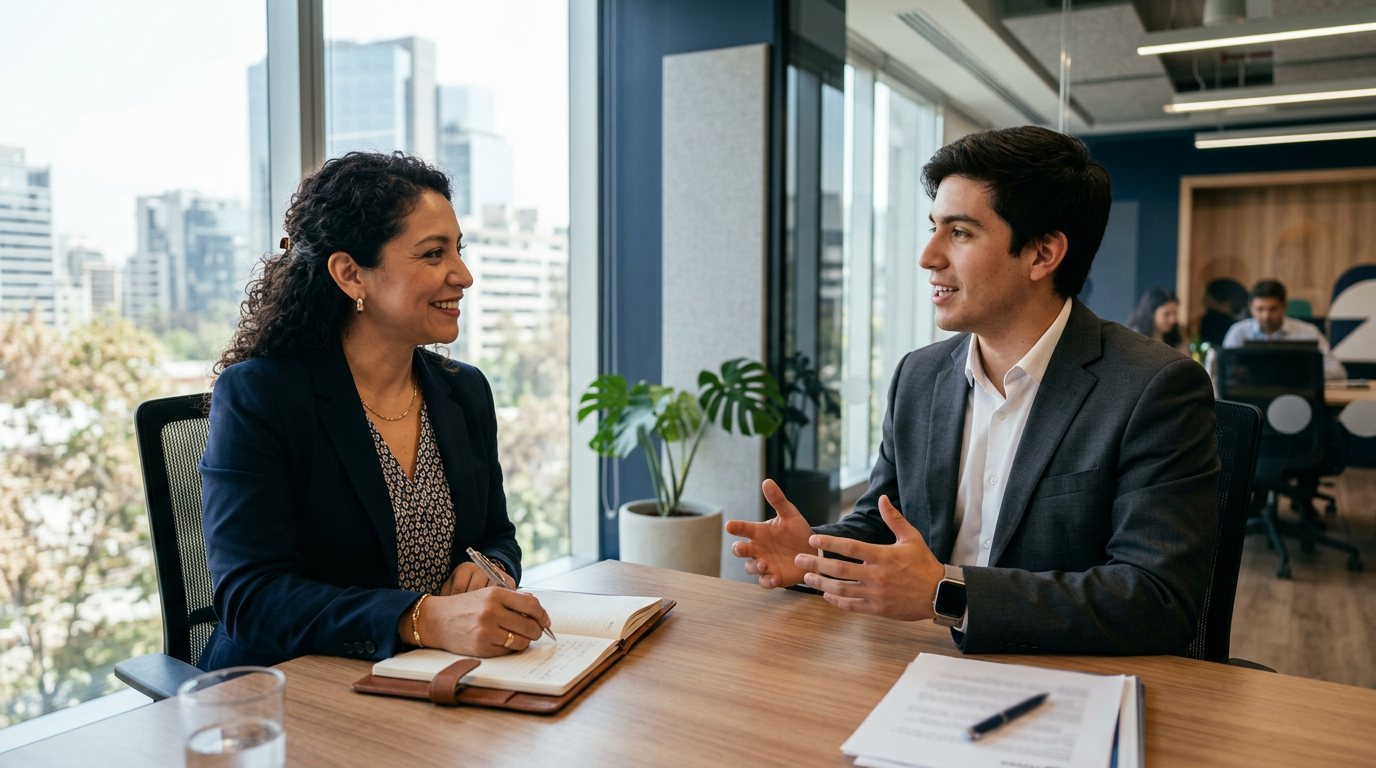 Dos profesionales conversando frente a frente en una oficina — evaluación de liderazgo