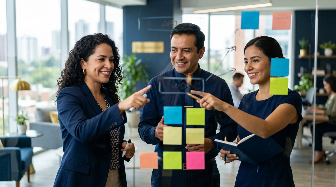 Tres profesionales ordenando notas de colores sobre un vidrio — identificación de competencias
