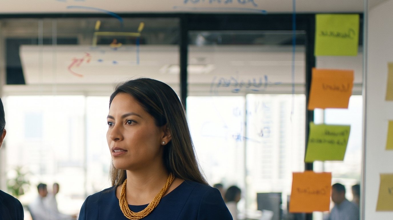 Mujer frente a un vidrio con notas adhesivas de colores — matriz de competencias