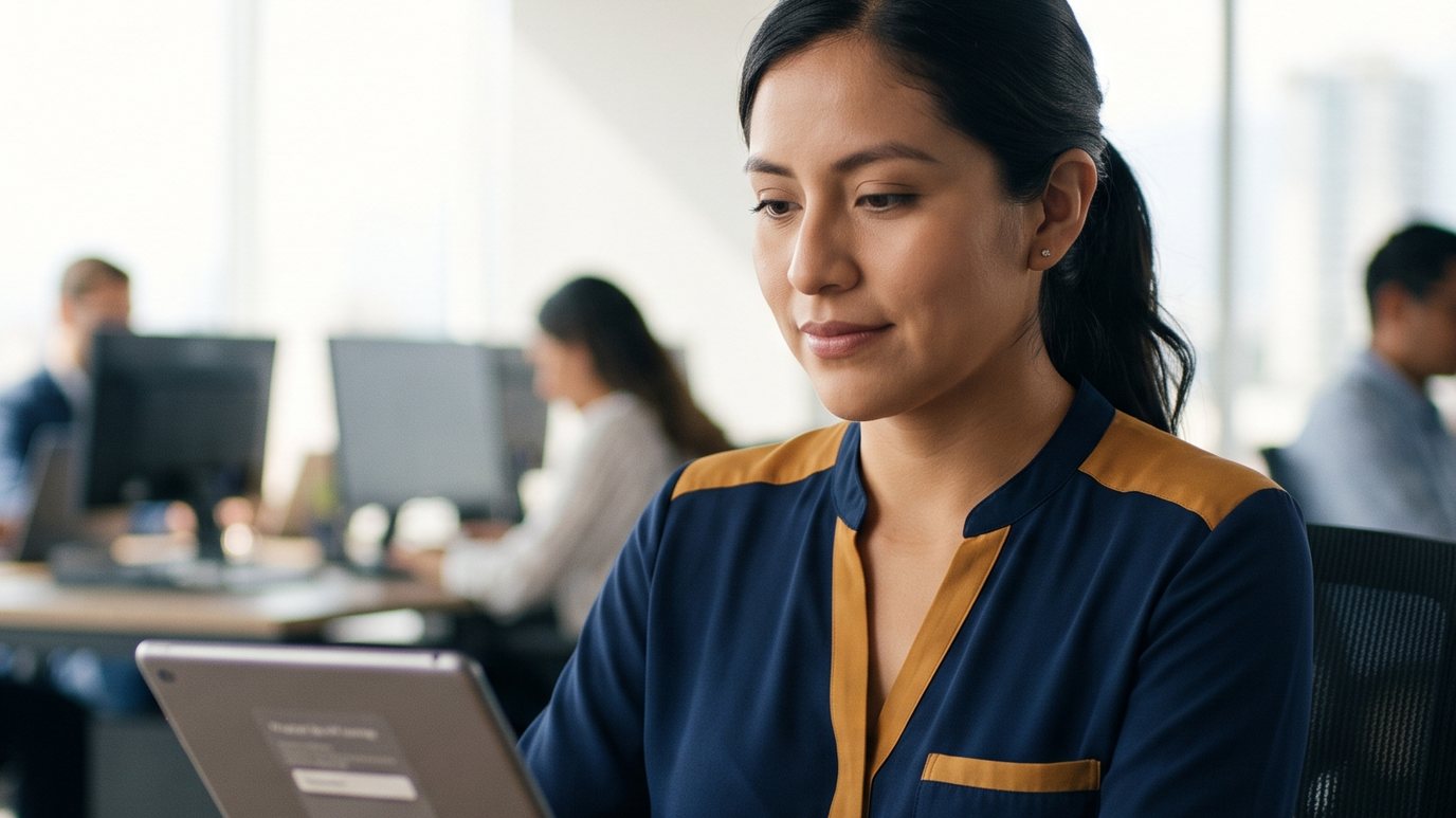 Mujer mirando una tableta en una oficina — perfil DISC