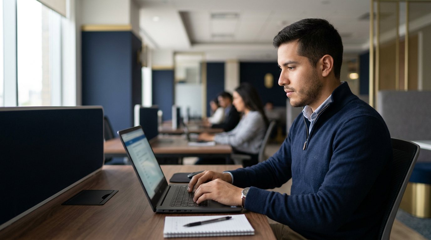 Hombre respondiendo una prueba en su computadora portátil en una oficina — test de personalidad laboral